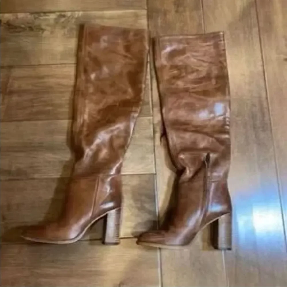 New Free People Dakota Taupe Brown Leather Over-The-Knee Tall Boots EU 37 US 7